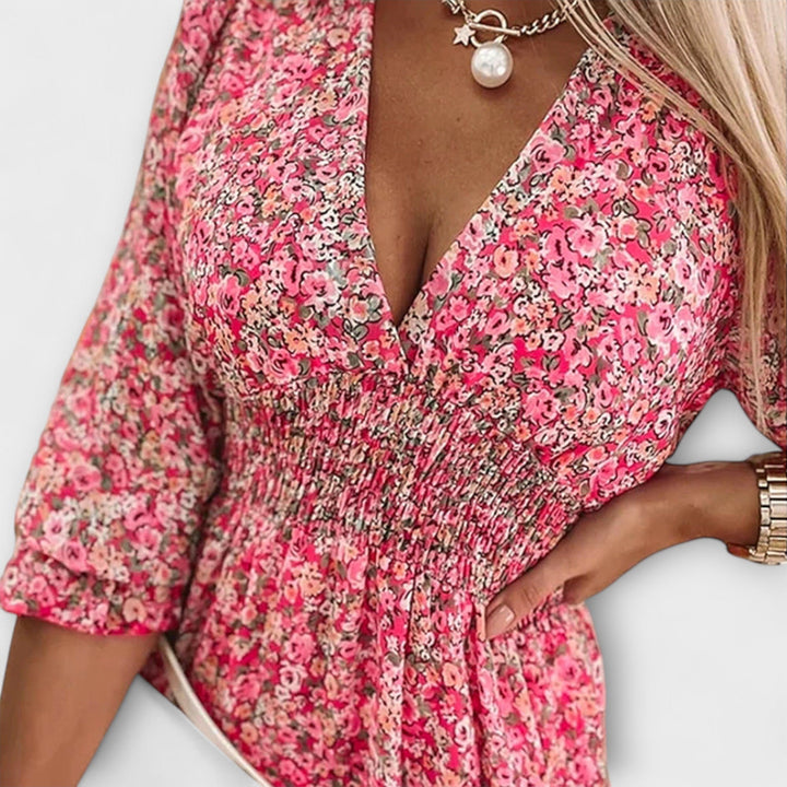 Sommerkleid für Damen - Blumiges Midi Puffärmelkleid