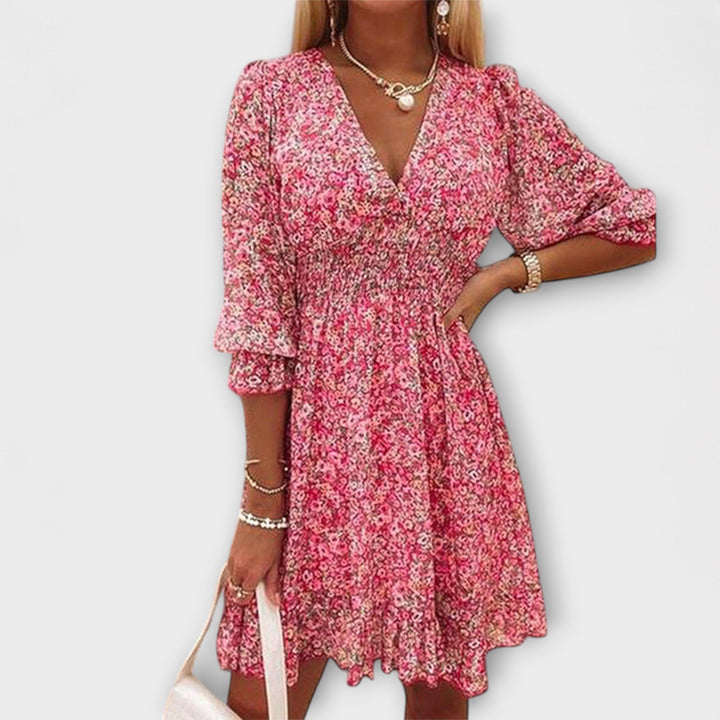 Sommerkleid für Damen - Blumiges Midi Puffärmelkleid