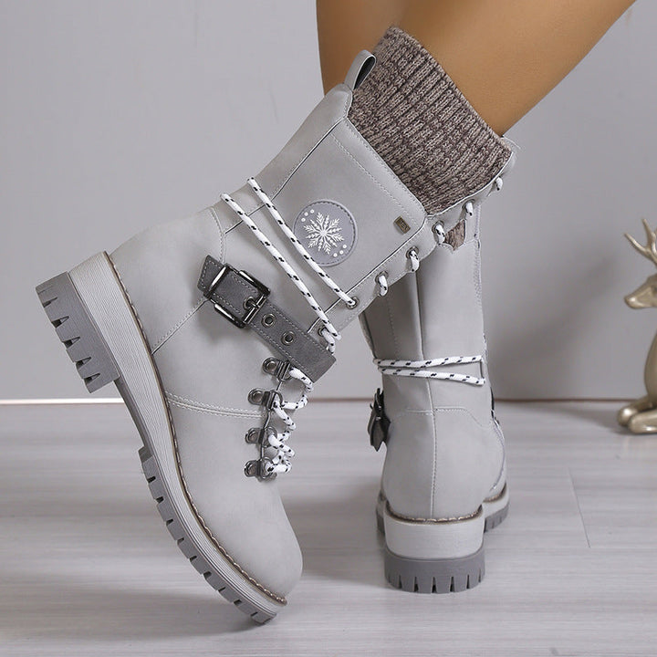 Gefütterte Winterstiefel Damen - Bequeme Schnürboots mit Plateau-Sohle & Strickbund