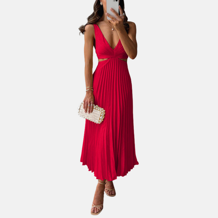 Maxikleid für Damen - Plissee-Kleid mit V-Ausschnitt für Sommer