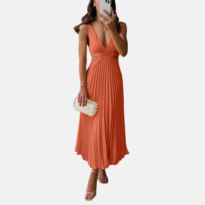 Maxikleid für Damen - Plissee-Kleid mit V-Ausschnitt für Sommer