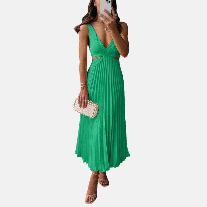 Maxikleid für Damen - Plissee-Kleid mit V-Ausschnitt für Sommer