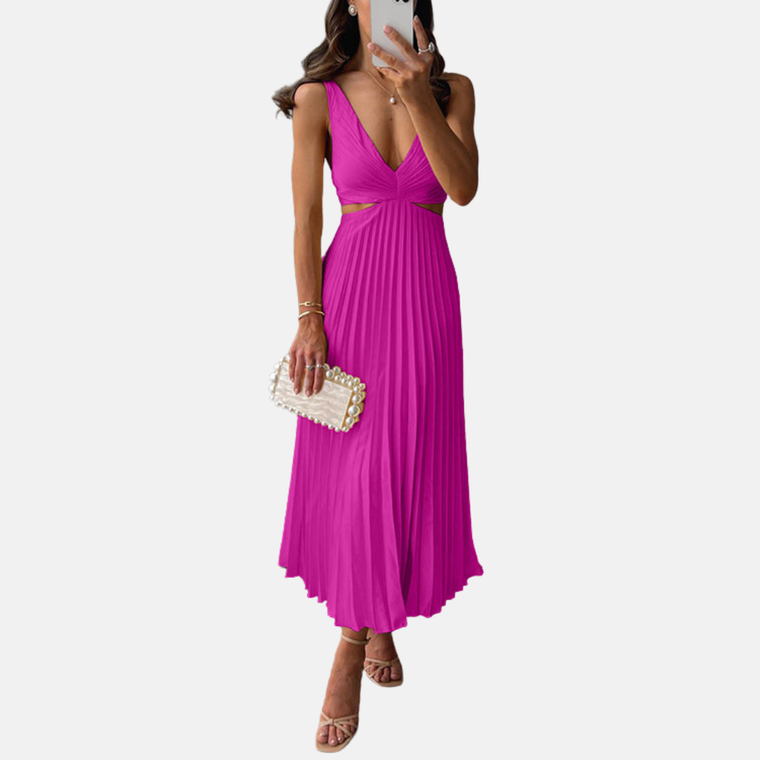 Maxikleid für Damen - Plissee-Kleid mit V-Ausschnitt für Sommer