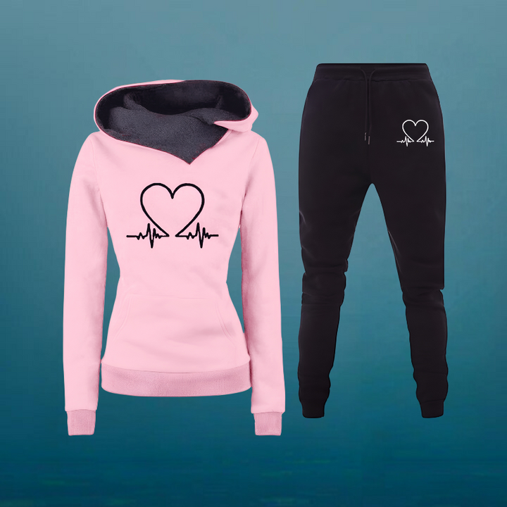 Damen Jogginganzug | Zweiteiler Kapuzenpullover & Hose Herz Motiv | Sportanzug
