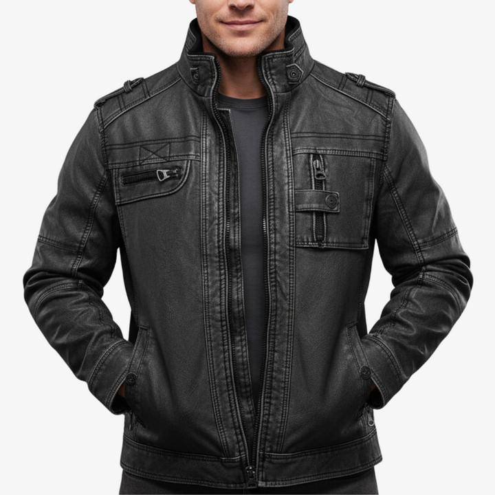 Herren Lederjacke in Schwarz – Robuste Winter Bikerjacke mit Stehkragen für Kalte Tage