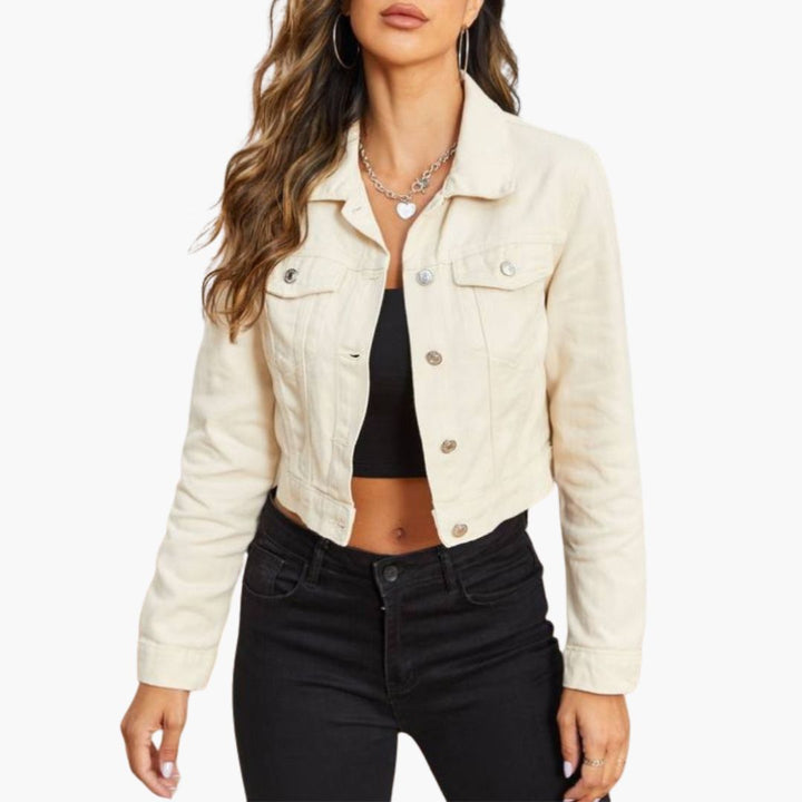 Jeansjacke für den Herbst - Trendy Off-weiß Kürze Übergangsjacke für Damen