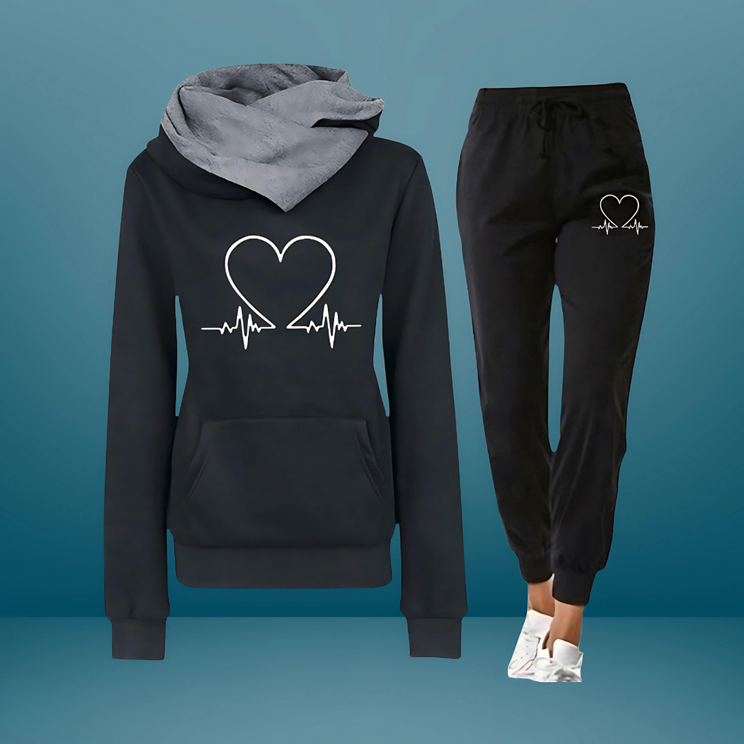 Damen Jogginganzug | Zweiteiler Kapuzenpullover & Hose Herz Motiv | Sportanzug