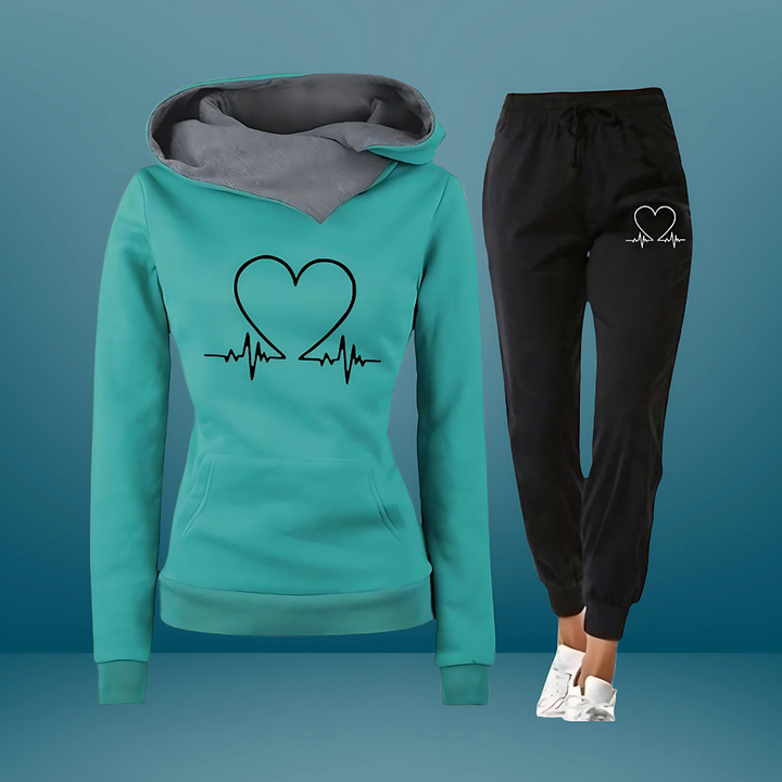 Damen Jogginganzug | Zweiteiler Kapuzenpullover & Hose Herz Motiv | Sportanzug