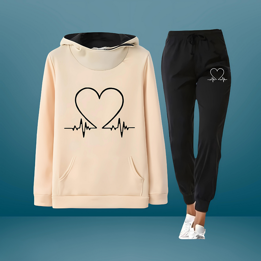 Damen Jogginganzug | Zweiteiler Kapuzenpullover & Hose Herz Motiv | Sportanzug