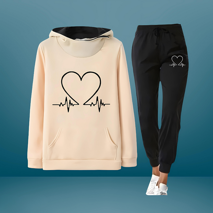 Damen Jogginganzug | Zweiteiler Kapuzenpullover & Hose Herz Motiv | Sportanzug
