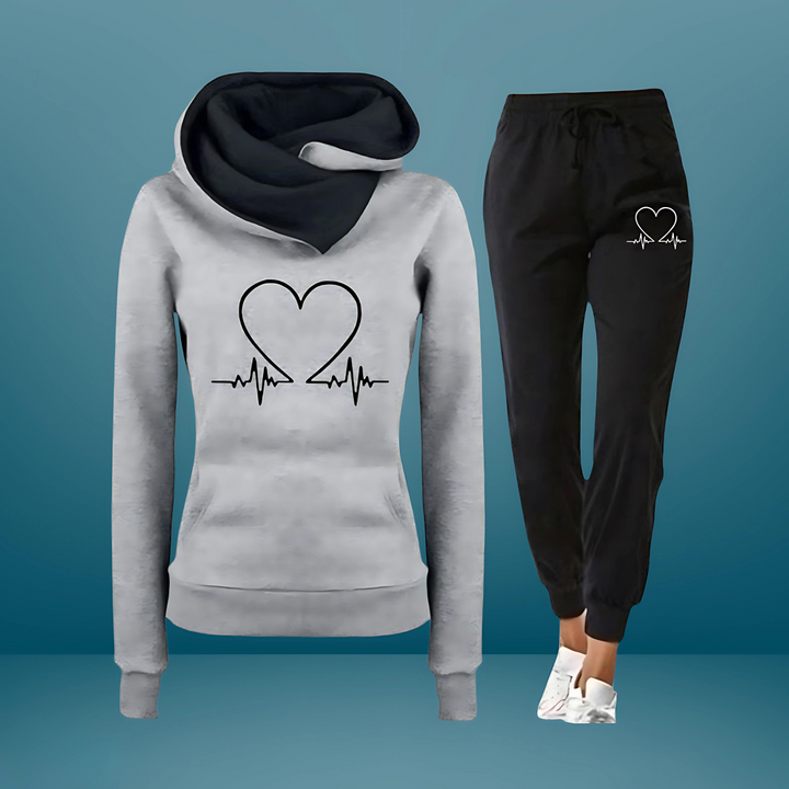 Damen Jogginganzug | Zweiteiler Kapuzenpullover & Hose Herz Motiv | Sportanzug