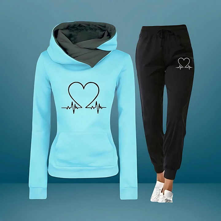 Damen Jogginganzug | Zweiteiler Kapuzenpullover & Hose Herz Motiv | Sportanzug