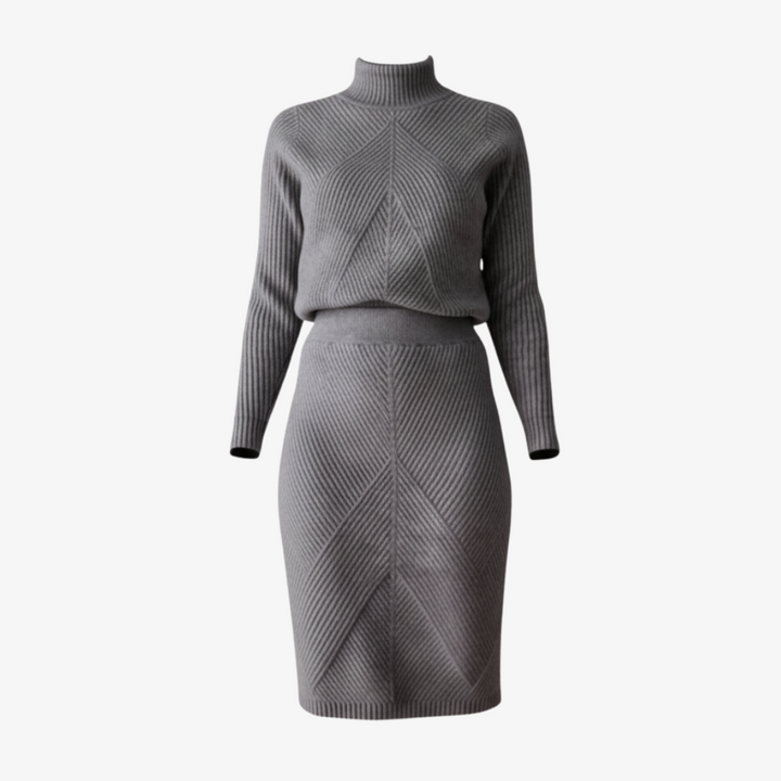 Zweiteiler Strickset für Damen - Eleganter Rollkragenpullover mit Midirock - Business Outfit für Herbst/Winter
