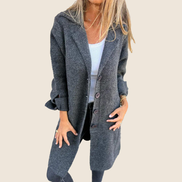 Langer Strickmantel für Damen – Warme Winter-Strickjacke mit Kragen und Knöpfen