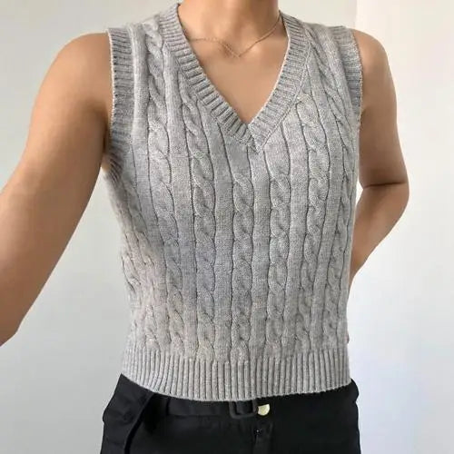 Pullunder für den Herbst - Ärmellose Kürze Strickpullover mit Zopfmuster und V-Ausschnitt für Damen