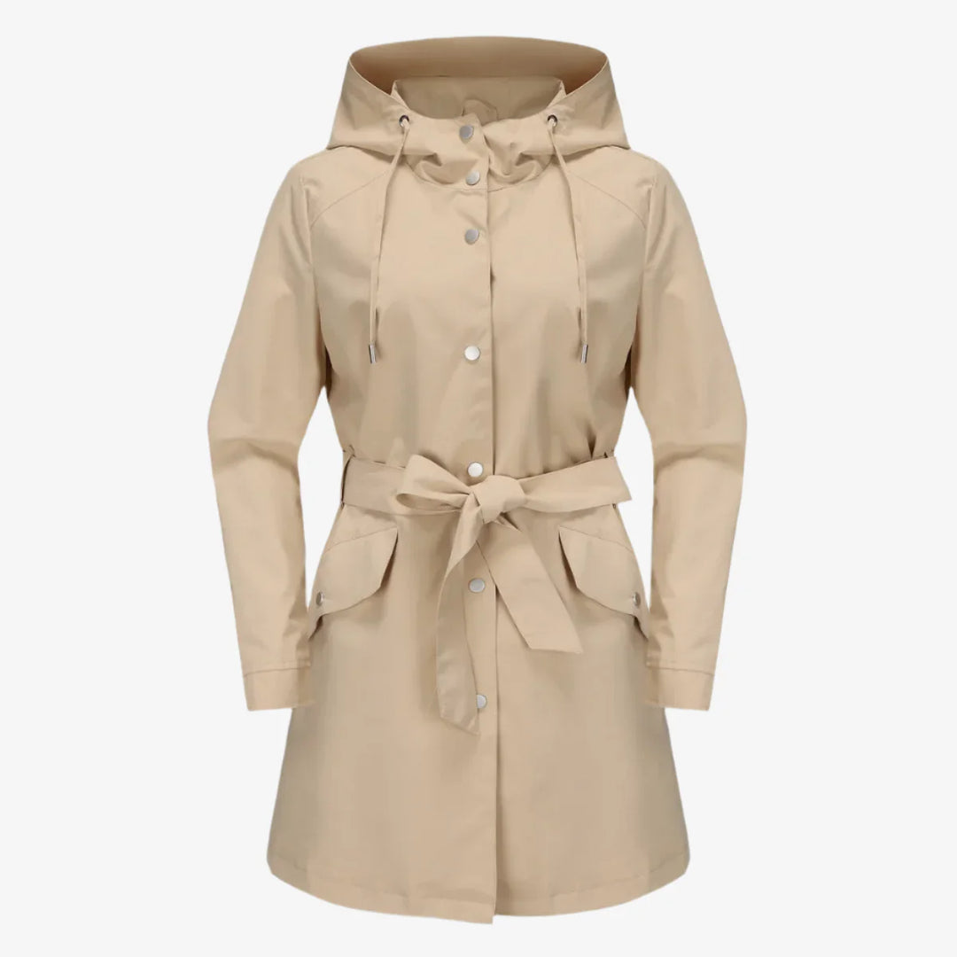 Regenjacke für den Herbst -  Wasserfeste Knielange Übergangsjacke mit Gürtel und Kapuze für Damen
