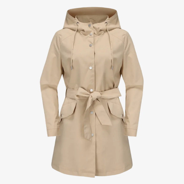 Regenjacke für den Herbst -  Wasserfeste Knielange Übergangsjacke mit Gürtel und Kapuze für Damen