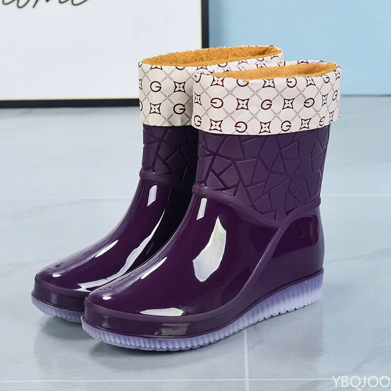 Regenstiefel für den Herbst - Halbhohe Wasserdichte Gummistiefel mit Muster rutschfest für Damen