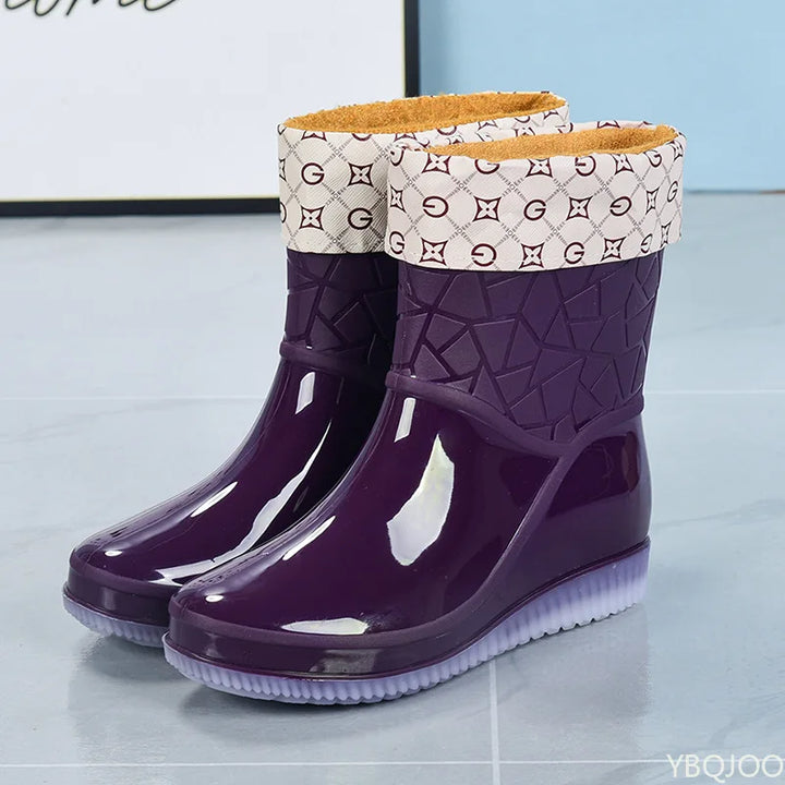 Regenstiefel für den Herbst - Halbhohe Wasserdichte Gummistiefel mit Muster rutschfest für Damen