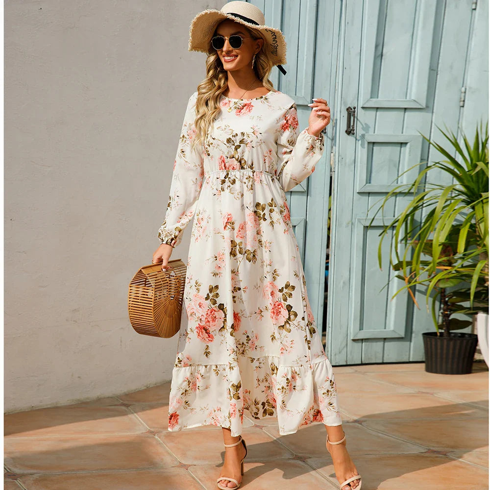 Maxikleid für Damen - Elegante Sommerkleid mit Blumenmuster und langen Ärmeln