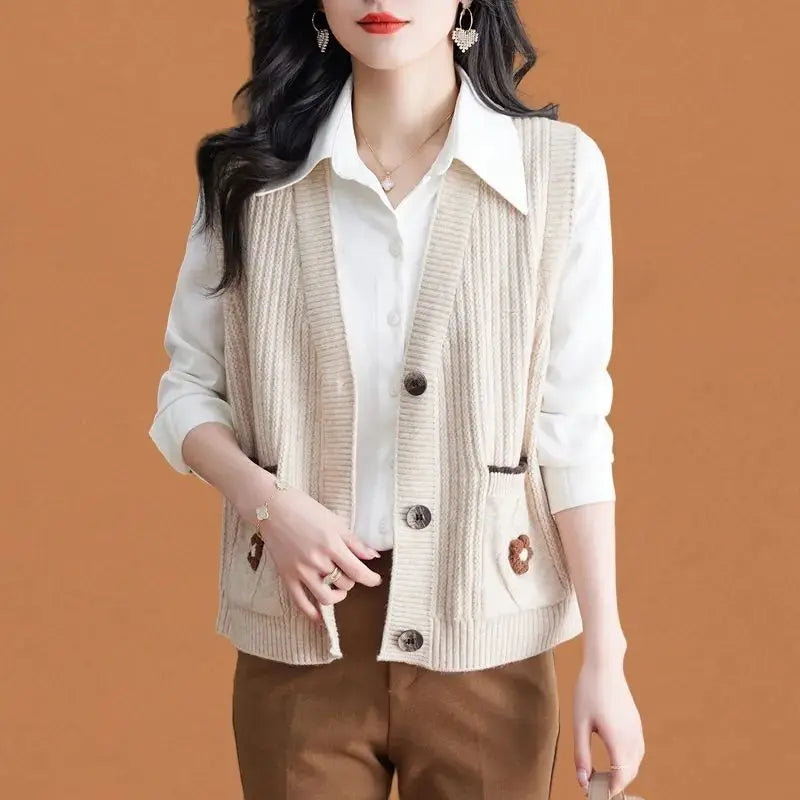 Ärmellose Strickweste für den Herbst - Elegante Strickweste mit Knöpfen und Seitentaschen für Damen