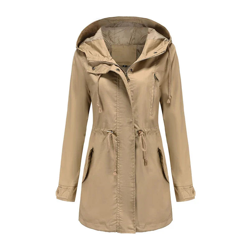 Regenjacke für den Herbst -  Wasserfeste Lange Übergangsjacke mit Kapuze für Damen