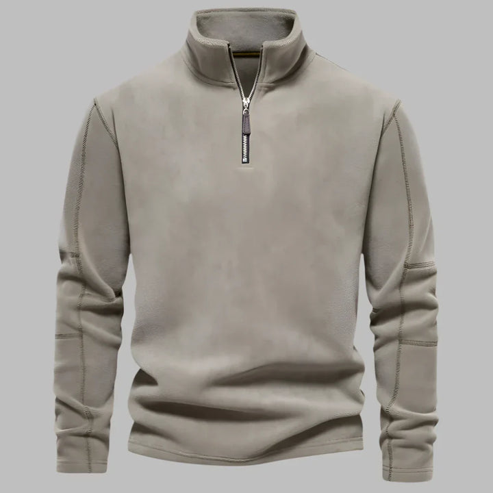 Grauer Herrenpullover mit Reißverschluss, Langarm, Stehkragen. Modischer, bequemer Pullover für Herbst und Winter. Ideal für Freizeitkleidung.