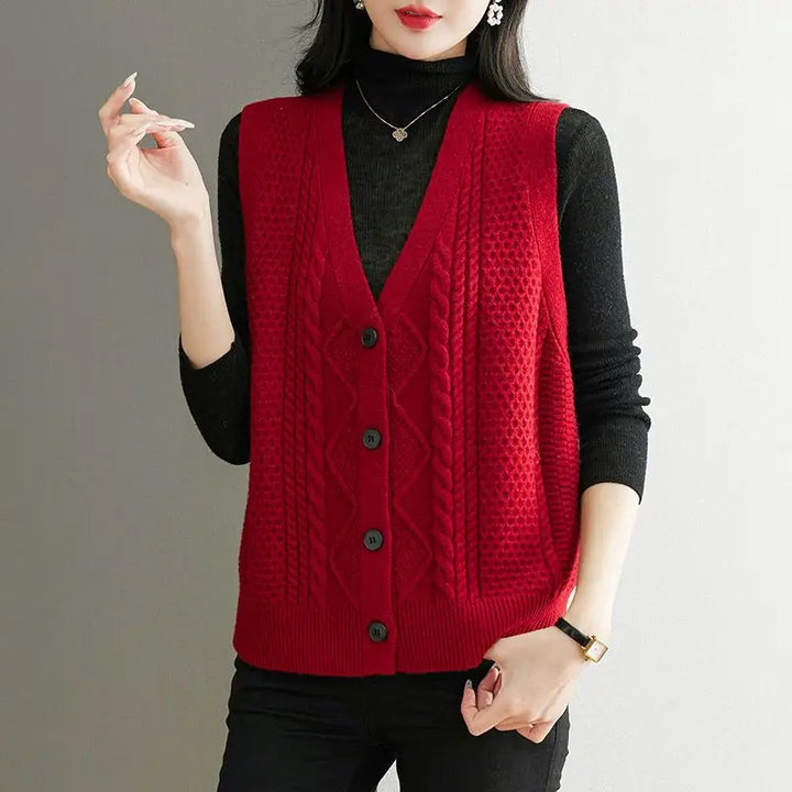 Strickweste für den Herbst - Ärmellose Strickweste mit Zopfmuster und V-Ausschnitt für Damen