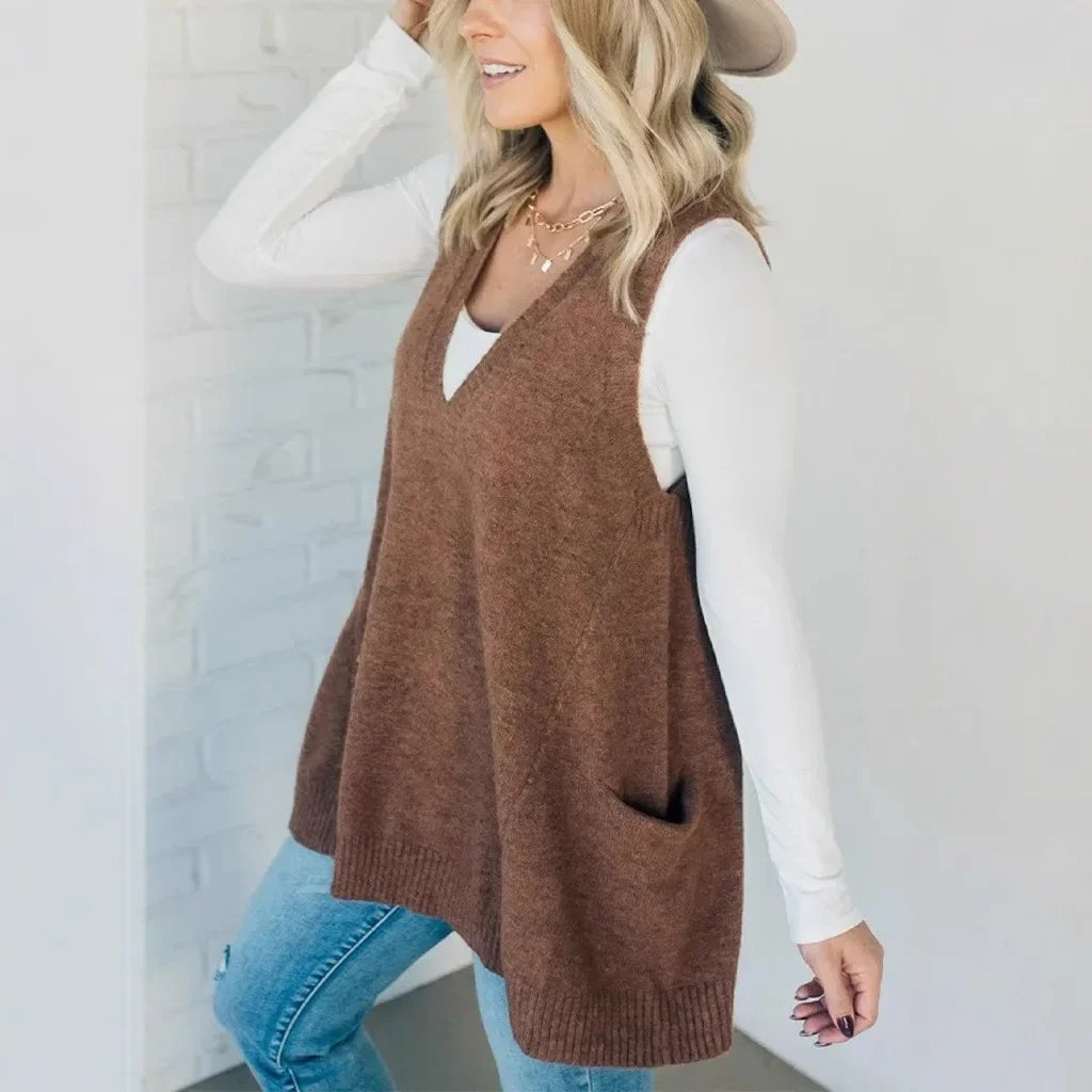 Pullunder für den Herbst - Lange Strickpullover mit tiefem V-Ausschnitt und Seitentaschen für Damen
