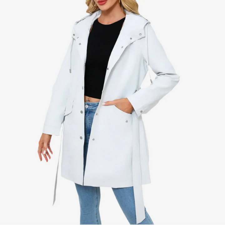Regenjacke für den Herbst -  Wasserfeste Knielange Übergangsjacke mit Gürtel und Kapuze für Damen