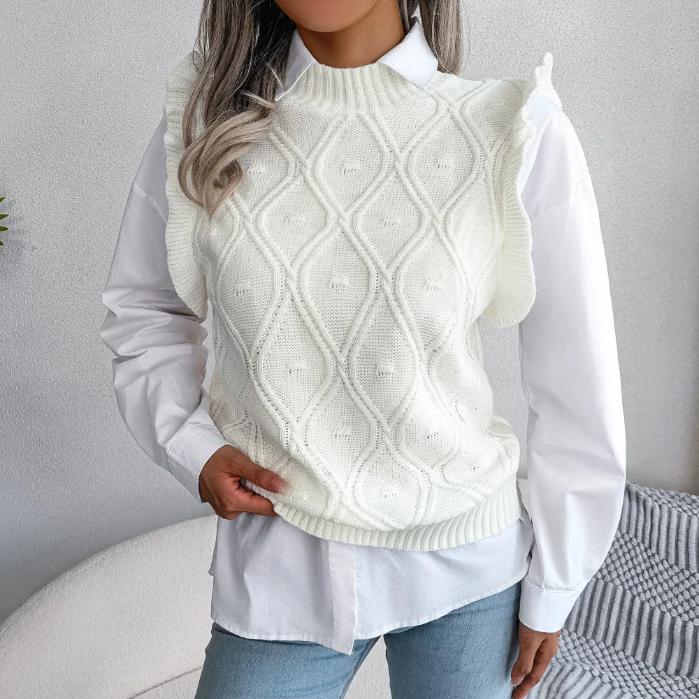 Pullunder für den Herbst - Ärmellose Strickpullover mit Zopfmuster und hohem Stehkragen für Damen