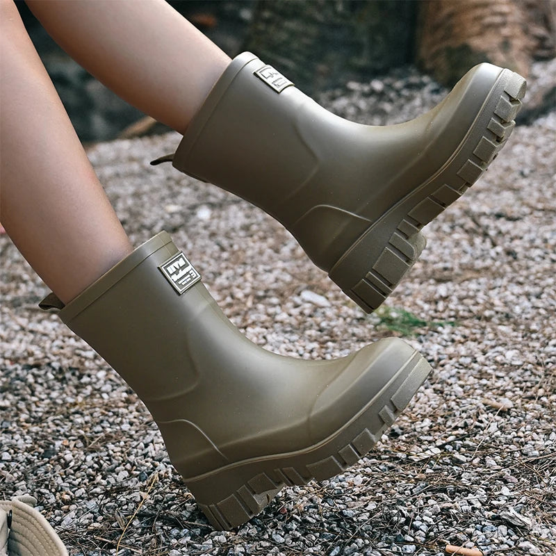 Regenstiefel für den Herbst - Schwarze Chelsea Gummistiefel mit Blockabsatz und Profilsohle für Damen