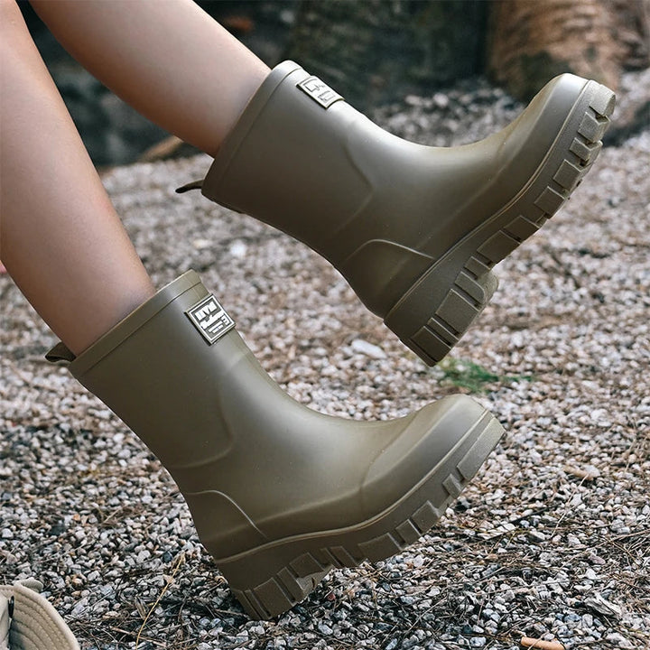 Regenstiefel für den Herbst - Schwarze Chelsea Gummistiefel mit Blockabsatz und Profilsohle für Damen