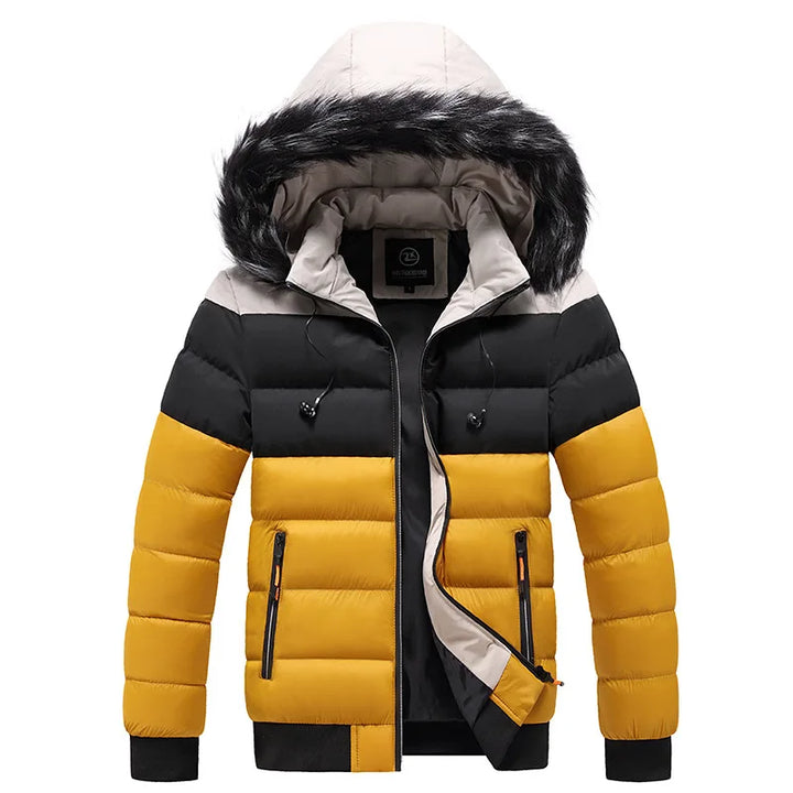Bunte Winterjacke mit Kapuze, schwarz-gelb gestreift, Kunstfellbesatz, Reißverschlusstaschen, warm gefüttert. Ideal für kaltes Wetter.