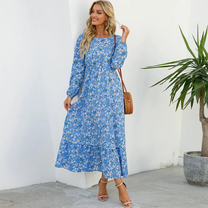 Maxikleid für Damen - Elegante Sommerkleid mit Blumenmuster und langen Ärmeln