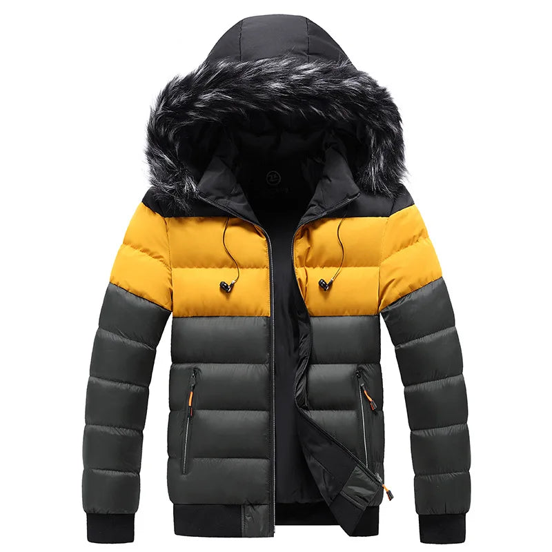 Schwarze und gelbe Winterjacke mit Kapuze und Kunstfellbesatz, gesteppt, warm, modisch, ideal für kaltes Wetter, Herrenbekleidung.