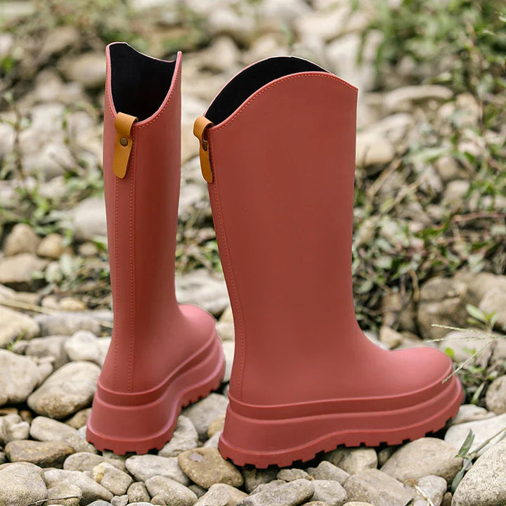 Regenstiefel für den Herbst - Wasserdichte hohe Gummistiefel mit rutschfester Komfort Sohle für Damen