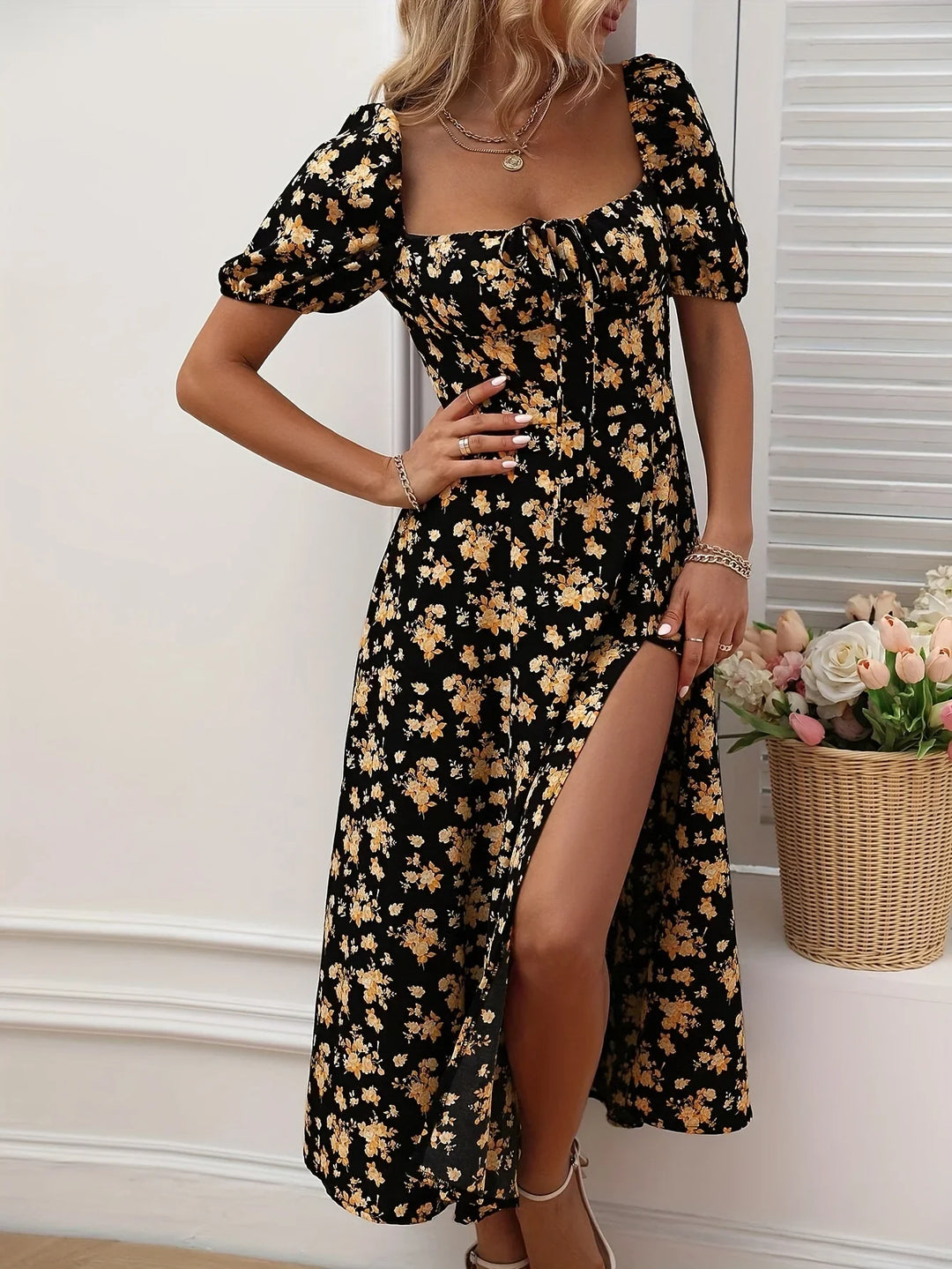 Maxikleid für Damen - Vintage Maxikleid mit Blumenmuster und Korsett-Detail