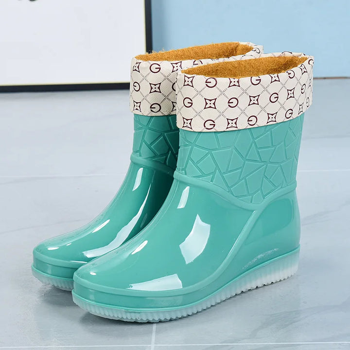 Regenstiefel für den Herbst - Halbhohe Wasserdichte Gummistiefel mit Muster rutschfest für Damen