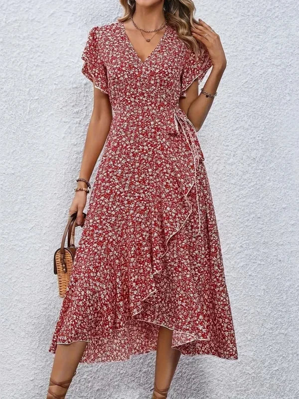 Wickelkleid für Damen - Luftiges Sommerkleid mit Blumenmuster und Volantärmeln