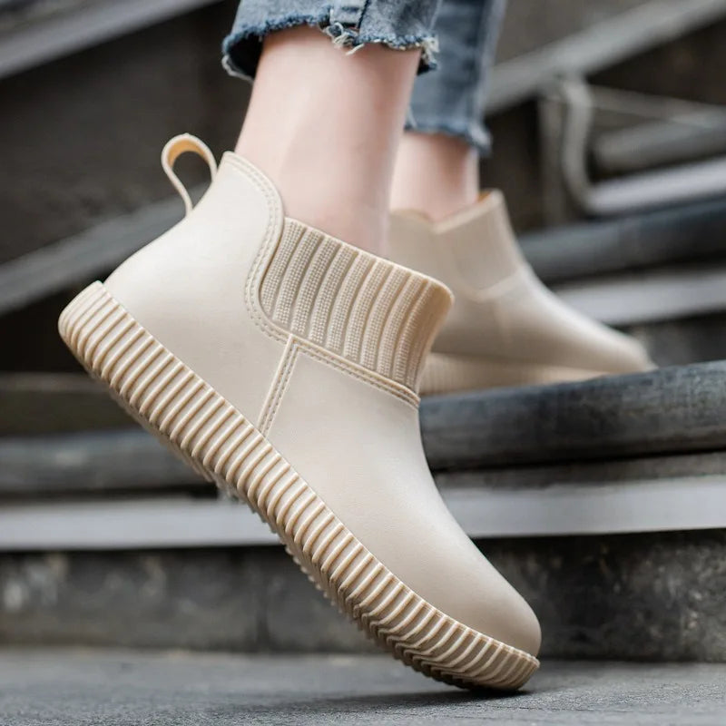 Regenstiefel für den Herbst - Wasserdichte Bequeme Ankle Gummistiefel mit Strick-Bund für Damen