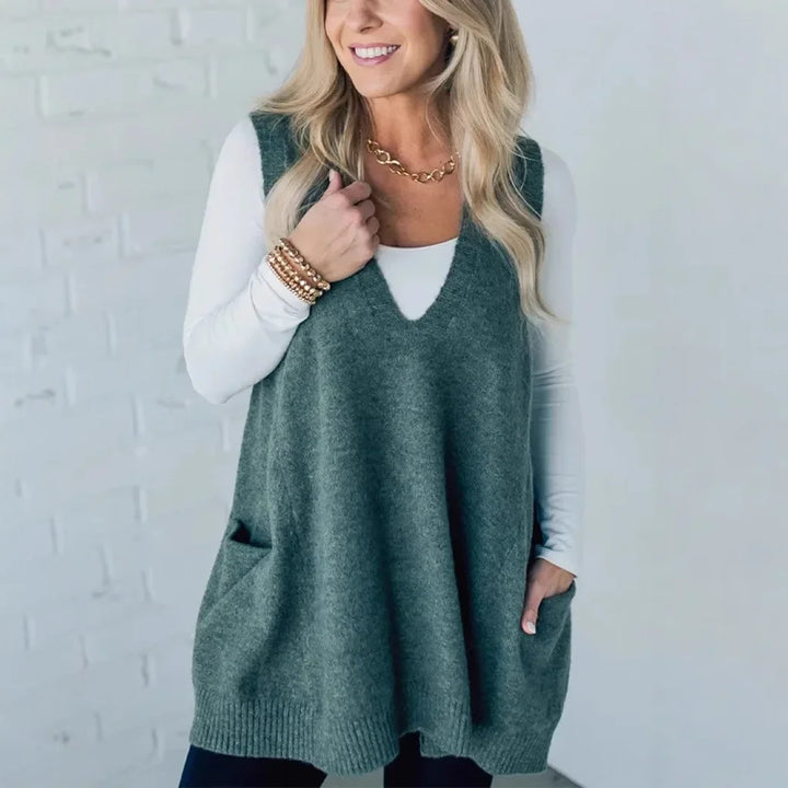 Pullunder für den Herbst - Lange Strickpullover mit tiefem V-Ausschnitt und Seitentaschen für Damen