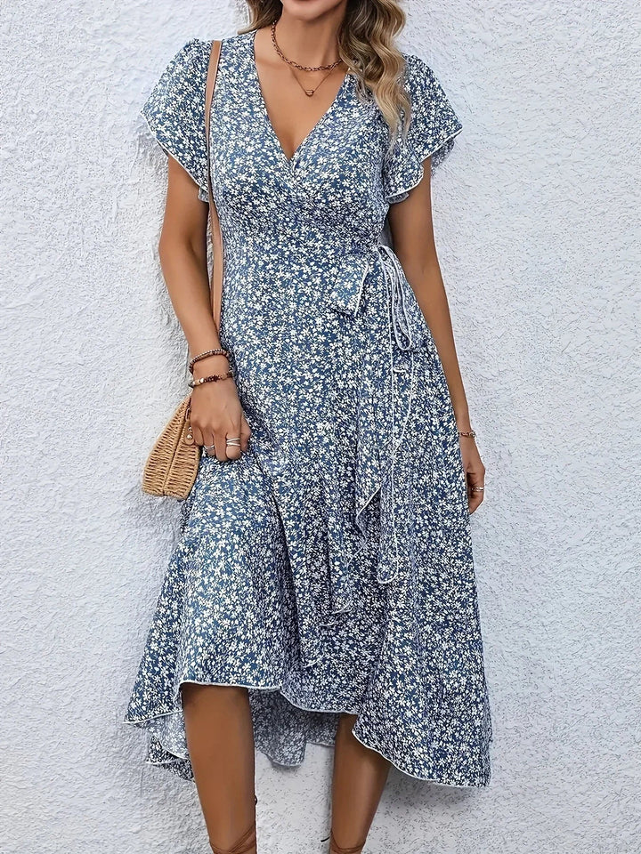 Wickelkleid für Damen - Luftiges Sommerkleid mit Blumenmuster und Volantärmeln