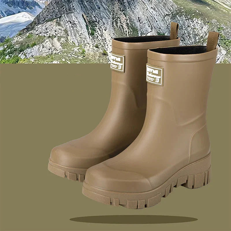 Regenstiefel für den Herbst - Schwarze Chelsea Gummistiefel mit Blockabsatz und Profilsohle für Damen