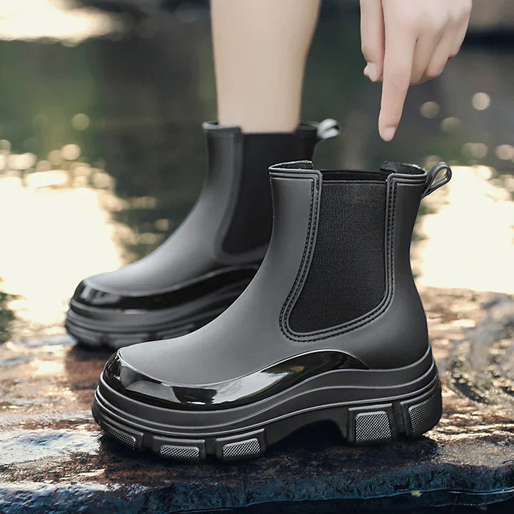 Regenstiefel für den Herbst - Wasserdichte Chelsea Gummistiefel mit Chunky Platform-Sohle für Damen