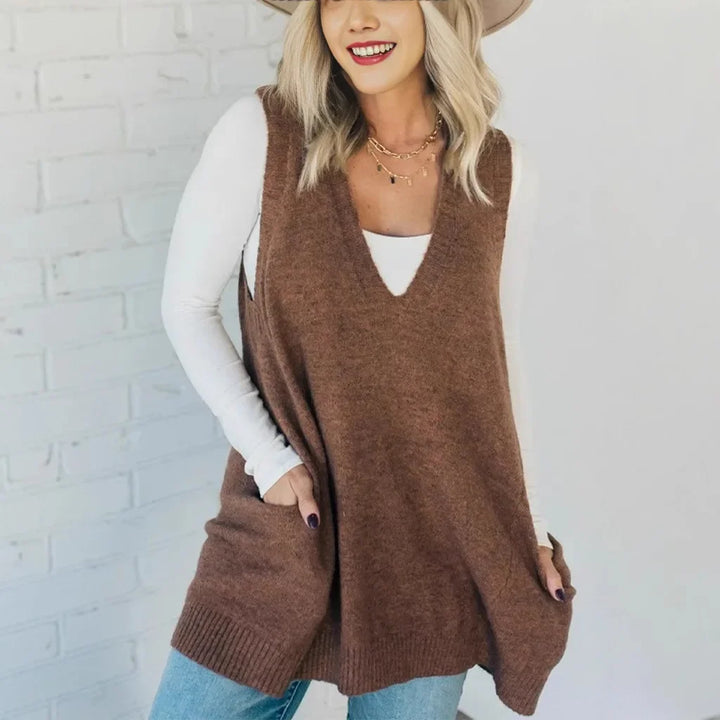 Pullunder für den Herbst - Lange Strickpullover mit tiefem V-Ausschnitt und Seitentaschen für Damen