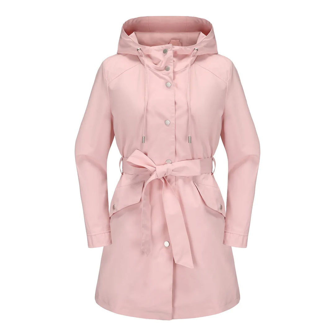 Regenjacke für den Herbst -  Wasserfeste Knielange Übergangsjacke mit Gürtel und Kapuze für Damen