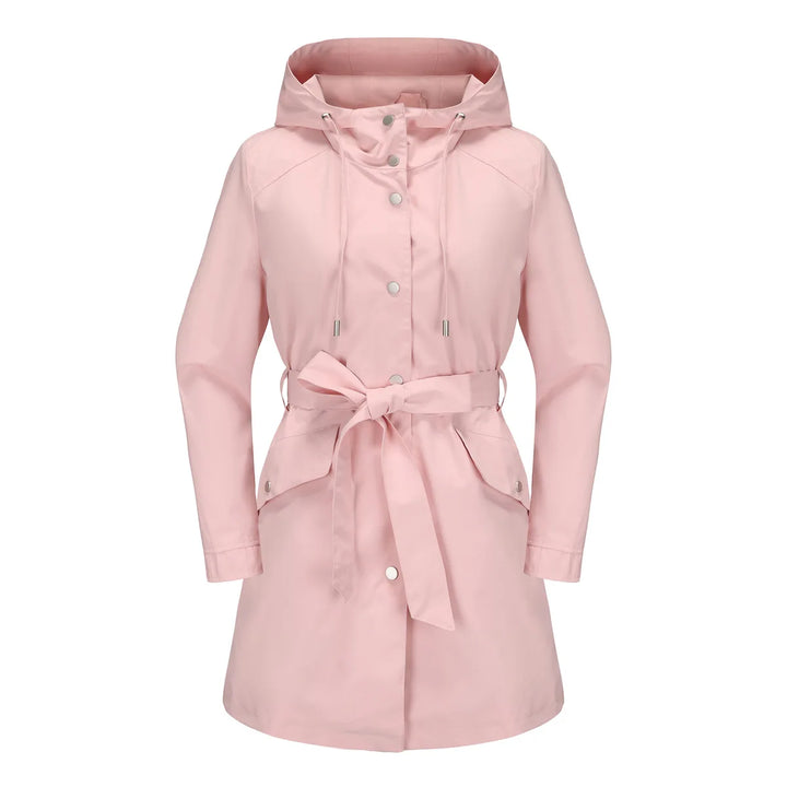 Regenjacke für den Herbst -  Wasserfeste Knielange Übergangsjacke mit Gürtel und Kapuze für Damen
