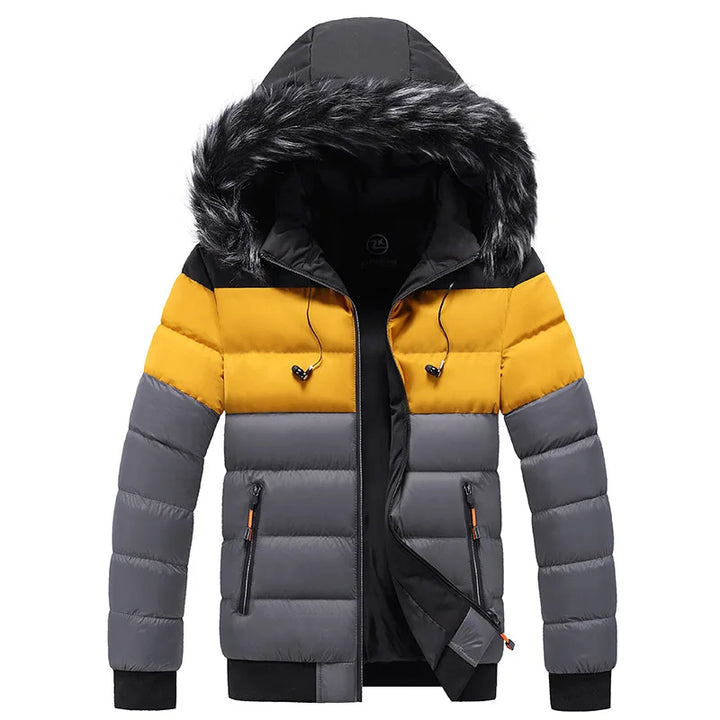 Graue und gelbe Winterjacke mit Kapuze und Kunstfellbesatz, Reißverschlusstaschen, warm gefüttert. Ideal für kaltes Wetter und Outdoor-Aktivitäten.