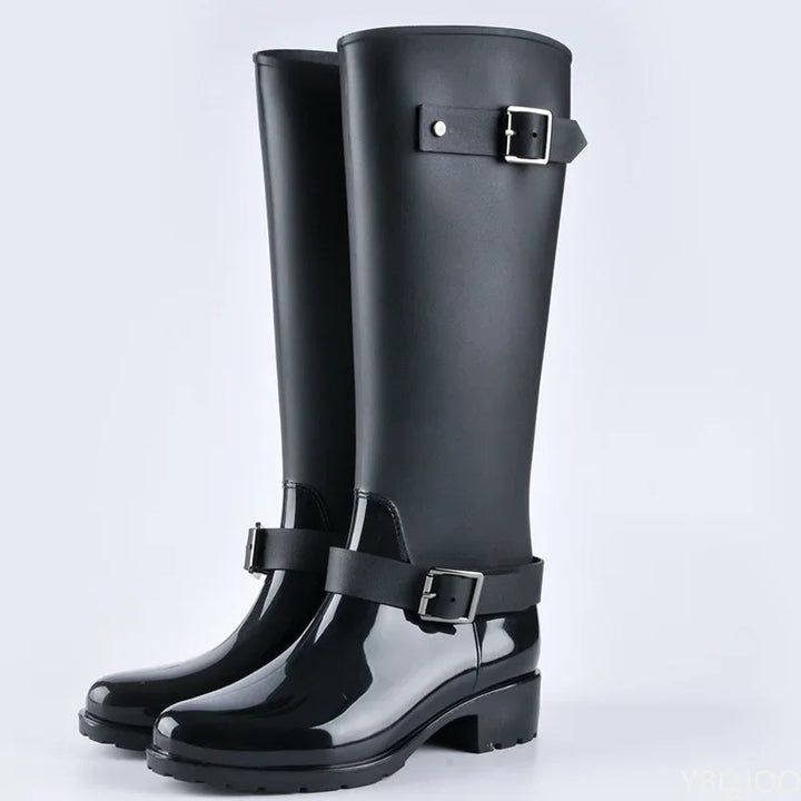 Regenstiefel für den Herbst - Wasserdichte hohe Gummistiefel mit Schnallen und Absatz für Damen